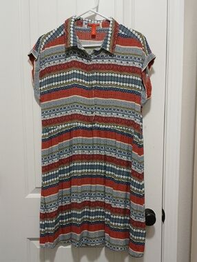 Chelsea And Violet Striped Collared Shift Dress in Rust, Blue & Olive